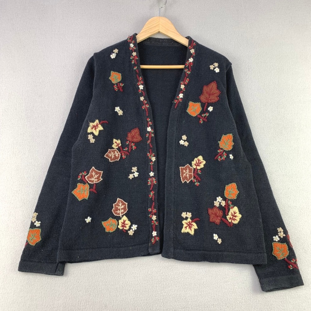 VTG Wool Cardigan Sweater Embroidered Leaves Womens L Fall Floral Knit Cottage